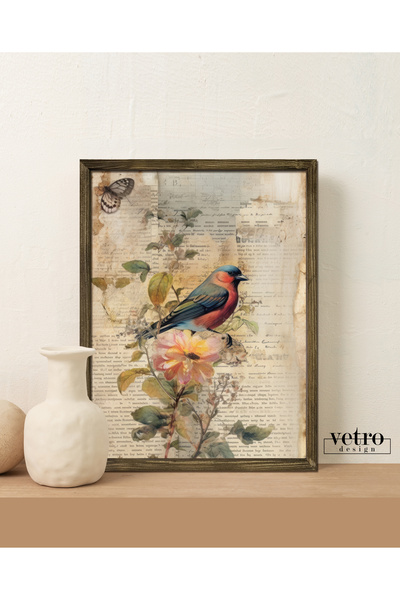 Vetro Design Vintage Çiçekler ve Kuş Çerçeveli Tablo