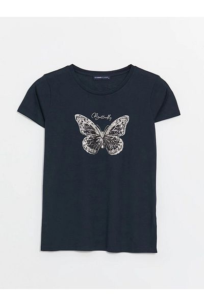 LC Waikiki Tricou de damă cu mânecă scurtă cu imprimeu cu decolteu