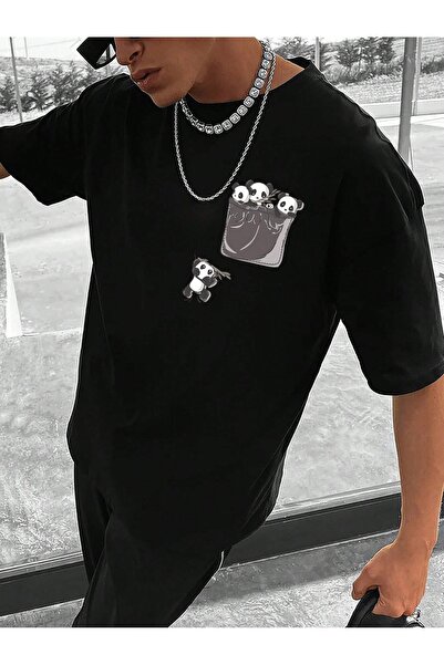 over head oh Muška crna panda sa džepovima Štampano prevelika T-shirt