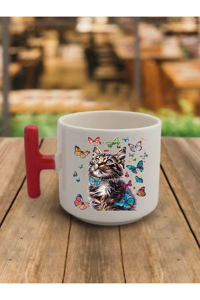 lili hediyelik Butterfly Cat Themed Coffee Cup Mug - Ceramic Tea, Coffee Gift Cup