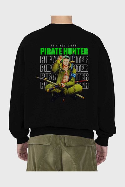 Ankhises Roronoa Zoro 4 Hanorac negru supradimensionat cu imprimeu pe spate Bărbați, femei, cu gât crew