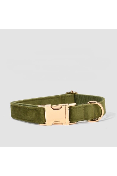 Pawsim KHAKI GREEN velvet dog collar and walking strap SET, adjustable dog collar