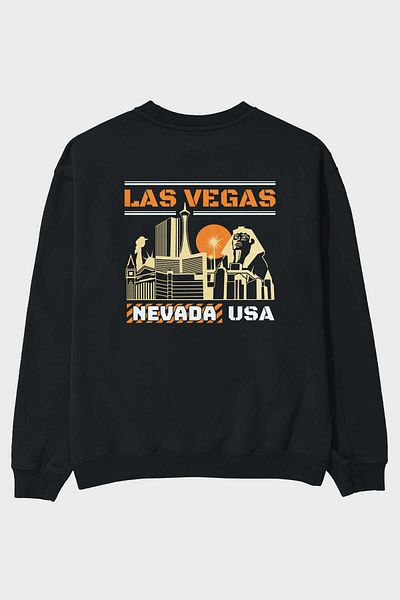 Ankhises Hanorac oversize negru cu imprimeu Las Vegas, bărbați, femei, cu gât crew