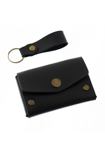 miawiki Black Leather Wallet and Keychain Set, High Quality Accessory