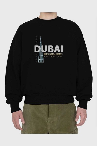 Ankhises Hanorac oversize, negru, imprimat în față Dubai, pentru bărbați, pentru femei, cu gât crew