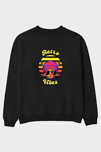 Ankhises Mačka Retro Vibes Prednja Štampano Crna Oversize kroj Dukserica Mušk...