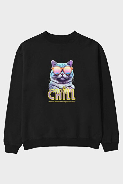 Ankhises Chill Cat Front Štampano Crna Oversize kroj Dukserica Muškarci Žene ...