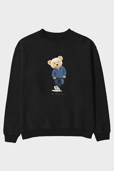 Ankhises Teddy Bear Mr. Nice Guy Hanorac supradimensionat negru cu imprimeu în față Bărbați Femei Gât crew