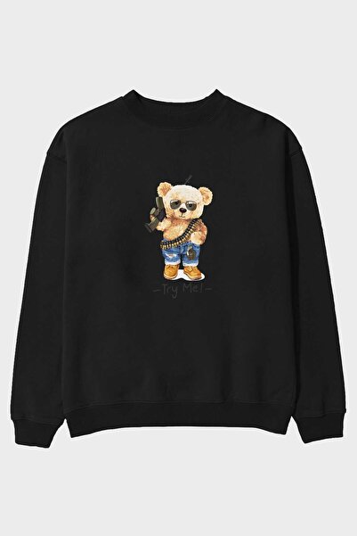 Ankhises Teddy Bear Try Me Front Štampano Crna Oversize kroj Dukserica Muškar...
