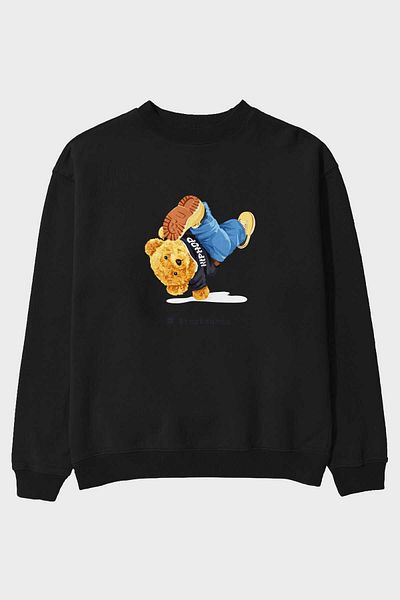 Ankhises Teddy Bear Breakdance Hanorac supradimensionat negru cu imprimeu în față Bărbați Femei Gâtul turn