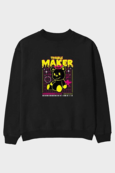 Ankhises Teddy Bear Trouble Maker Prednja Štampano Crna Oversize kroj Dukseri...