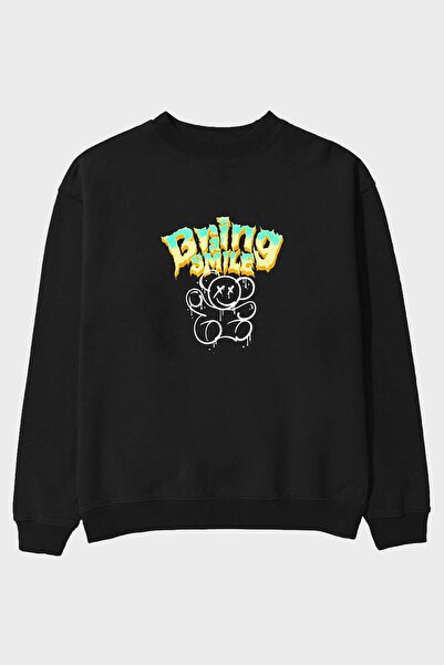 Ankhises Teddy Bear Brain Smile Front Štampano Crna Oversize kroj Dukserica M...