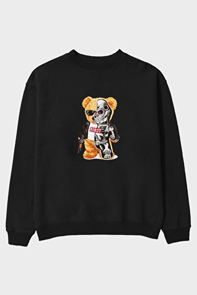 Ankhises Teddy Bear Robot Front Štampano Crna Oversize kroj Dukserica Muškarc...