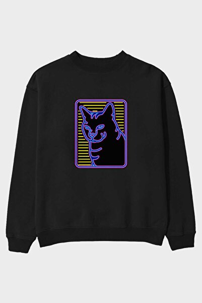 Ankhises Neon Cat Front Štampano Crna Oversize kroj Dukserica Muškarci Žene o...