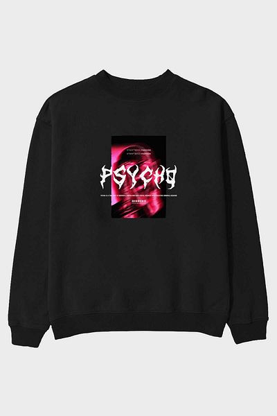 Ankhises Hanorac supradimensionat negru cu imprimeu în față Psycho Streetwear, bărbați, femei, cu gât crepus