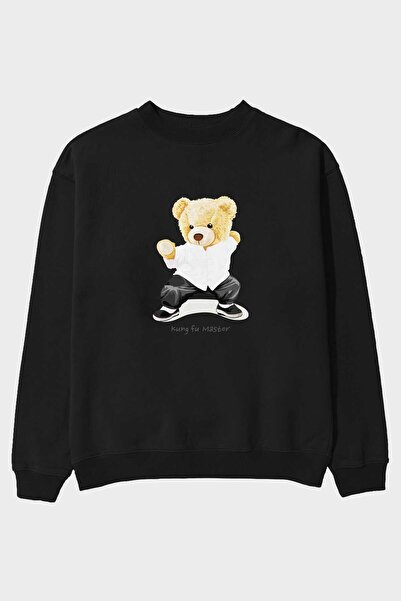 Ankhises Teddy Bear Kung Fu Master Front Štampano Crna Oversize kroj Dukseric...