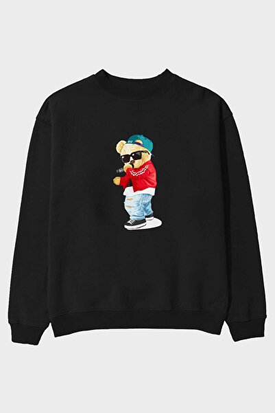 Ankhises Teddy Bear Singer Front Štampano Crna Oversize kroj Dukserica Muškar...