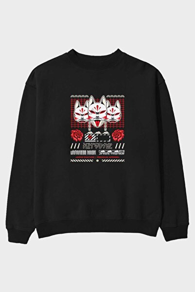 Ankhises Kitsune japanska maska prednja Štampano crna Oversize kroj majica mu...