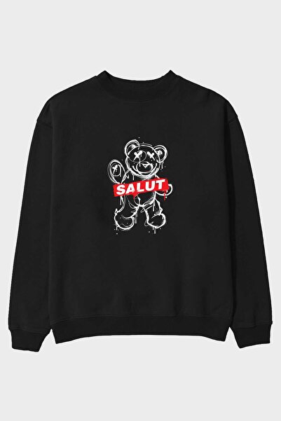Ankhises Teddy Bear Salut Front Štampano Crna Oversize kroj Dukserica Muškarc...
