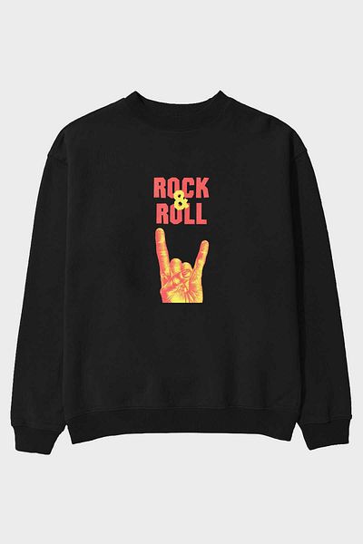 Ankhises Hanorac oversize negru cu imprimeu în față cu scris Rock & Roll, bărbați, femei, cu gât crepus