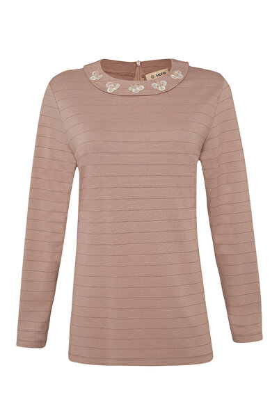 Aker Yakası İşleme Detaylı Çizgili Bluz