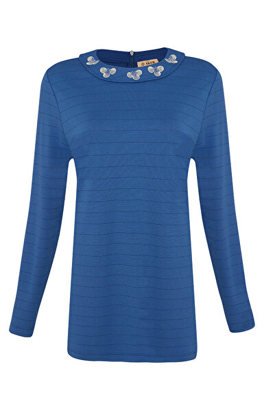 Aker Yakası İşleme Detaylı Çizgili Bluz