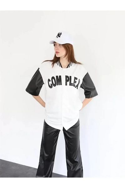 Moka Shopin Tricou alb oversize College cu mâneci din piele