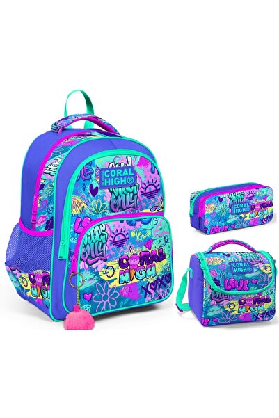 Coral High Комплект тройни чанти за начално училище с графити от лавандула за...