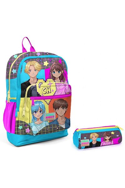 Coral High Set rucsac și suport stilou pentru școală primară anime albastru roz