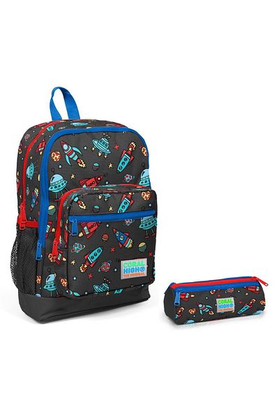 Yaygan Set de suporturi pentru pix pentru rucsac cu patru compartimente cu imprimeu Rocket pentru băieți Coral High