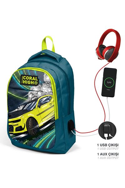 Coral High Rucsac pentru băieți Nefti Yellow Car pentru școală primară și gimnaziu cu port USB