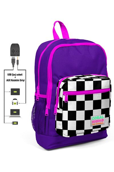 Coral High Rucsac pentru școală primară și zilnică în carouri violet - Fată - Cu priză USB și Aux