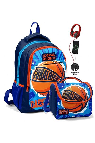 Coral High Set ghiozdan și cutie de prânz pentru băieți - baschet albastru roșu