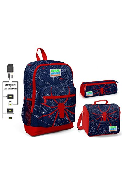 Coral High Örümcek Baskılı Erkek Çocuk Ilkokul Çanta Seti - Usb Çıkışlı