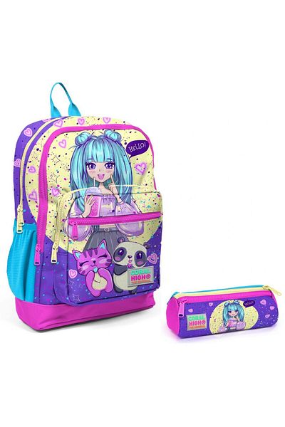 Coral High Set de rucsac și suport pentru stilou pentru școală primară anime violet roz