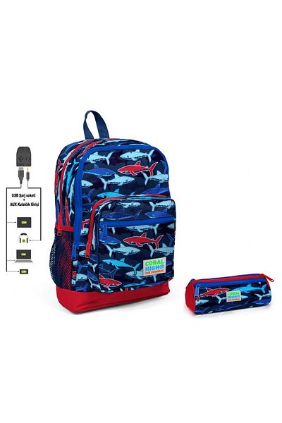 Coral High Set rucsac și suport stilou pentru școală primară cu imprimeu rechin - băiat - cu priză USB