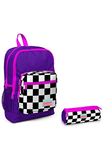 Coral High طقم حقيبة ظهر وحامل قلم للمدرسة الابتدائية - أرجواني مربعات