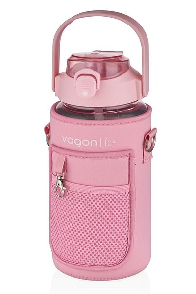 Vagonlife Vagıonlife 1500 ml Pink Sports and Daily Water Bottle with Strap Straw/Pipeless Fabric Protection - Phone Pocket