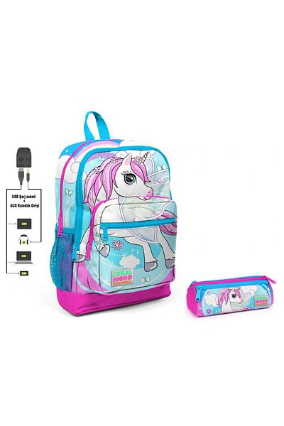 Coral High Blue Unicorn Printed Primary School Backpack and Pen Holder Set - Girl - with USB Socket
