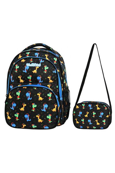Puzmo Geantă Waddell Cute Dinozauri Set ghiozdan și cutie de prânz - Băiat - Negru