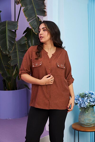 RMG Large Size Brown Shirt with Pocket Cover Stone Detail