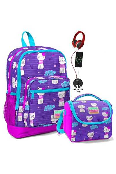 Coral High Kız Çocuk Ilkokul Okul Çantası Seti Pembe Mor Kedi
