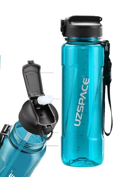 Uzspace 1000 ml Turquoise Tritan Flask - Silicone Straw Spout - Lockable Lid