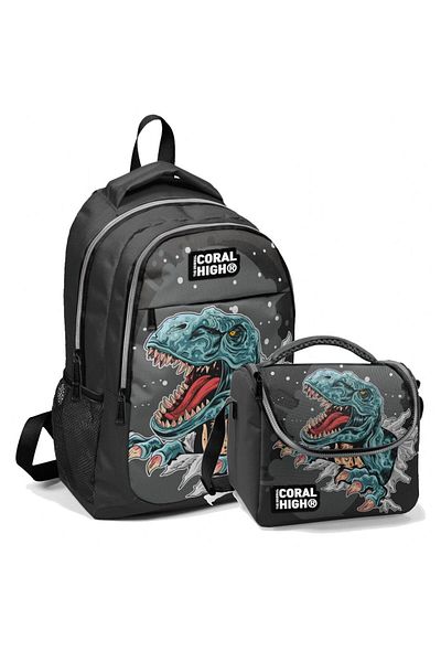 Coral High Rucsac de școală imprimat și geantă de prânz Dinozaur gri pentru băiat