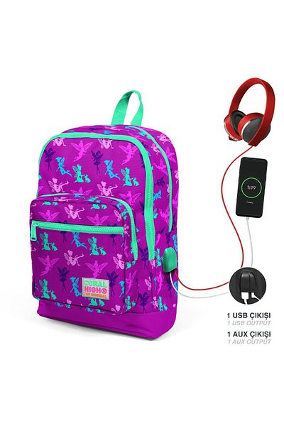 Coral High School Bag and Lunch Box Set - Girl's Purple Fairy - With USB Socket