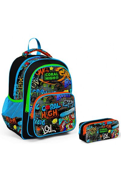 Coral High Set rucsac și suport stilou pentru școală primară pentru băiat cu graffiti negru