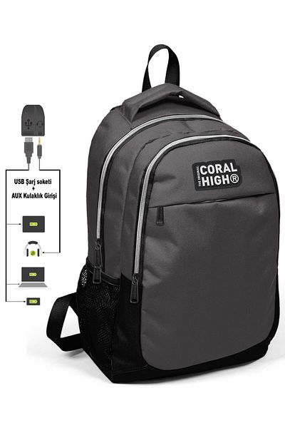 Yaygan Coral High Black-gray School and Lunch Box - Boy - With USB Socket