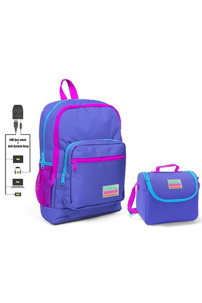 Coral High Set ghiozdan și cutie de prânz violet - Fată - Cu Priză USB