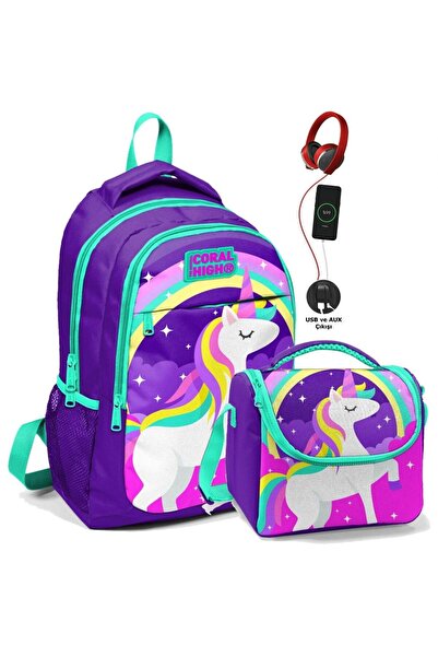 Coral High Okul Sırt Çantası Ve Beslenme Çantası Seti - Kız Çocuk Mor Unicorn...