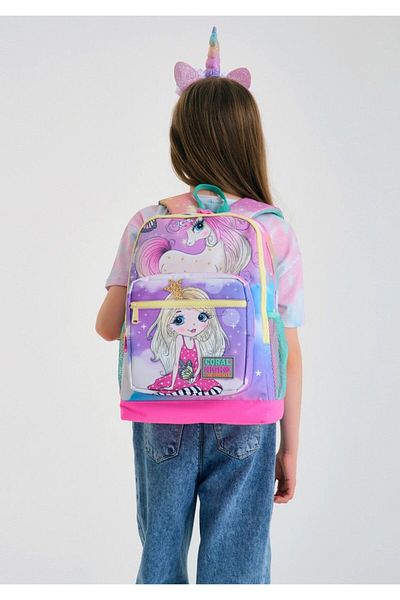Coral High Set rucsac și geantă de prânz pentru școală cu unicorn verde apă roz - fetiță - patru compartimente